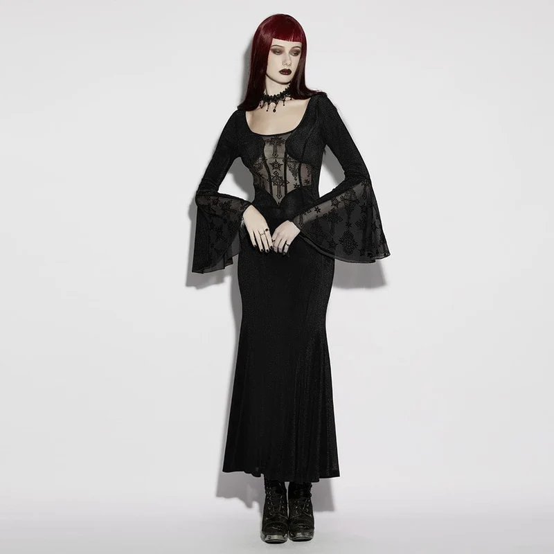 Schwarzes Gothic-Kleid für Damen mit eckigem Kragen, ausgestellten Ärmeln und Kreuzmuster – perfekt für den Schulabschluss