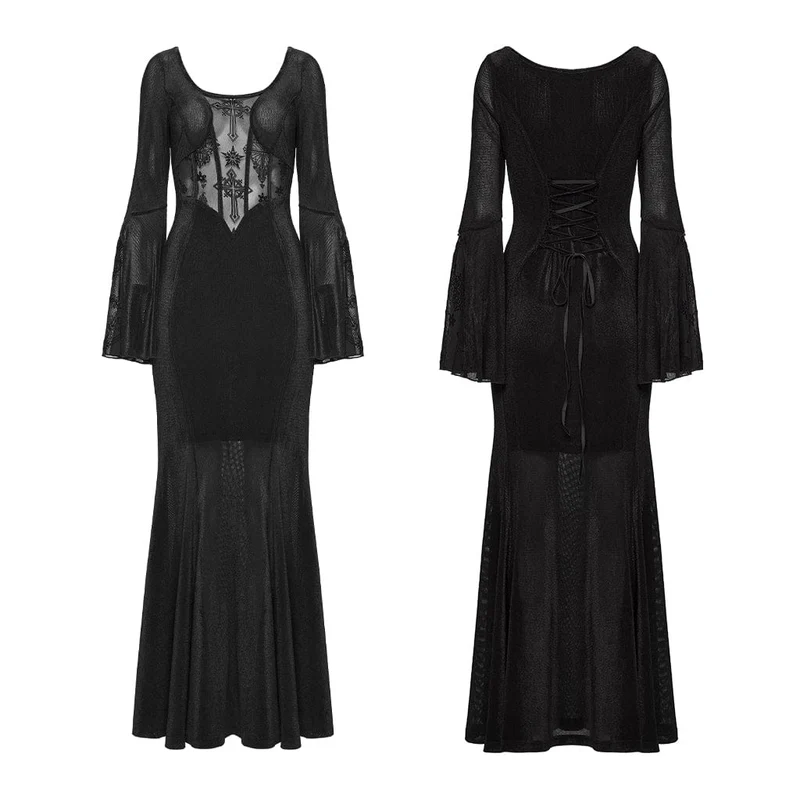 Schwarzes Gothic-Kleid für Damen mit eckigem Kragen, ausgestellten Ärmeln und Kreuzmuster – perfekt für den Schulabschluss