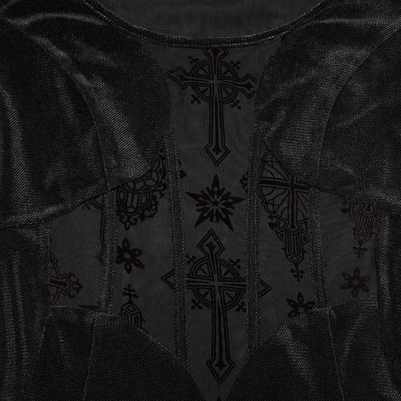 Schwarzes Gothic-Kleid für Damen mit eckigem Kragen, ausgestellten Ärmeln und Kreuzmuster – perfekt für den Schulabschluss
