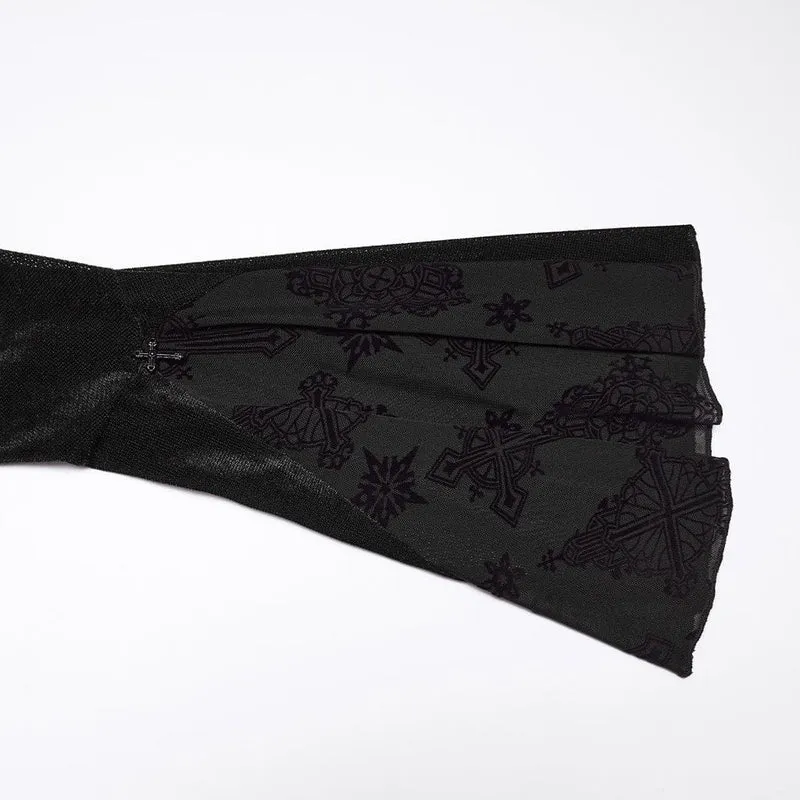 Schwarzes Gothic-Kleid für Damen mit eckigem Kragen, ausgestellten Ärmeln und Kreuzmuster – perfekt für den Schulabschluss
