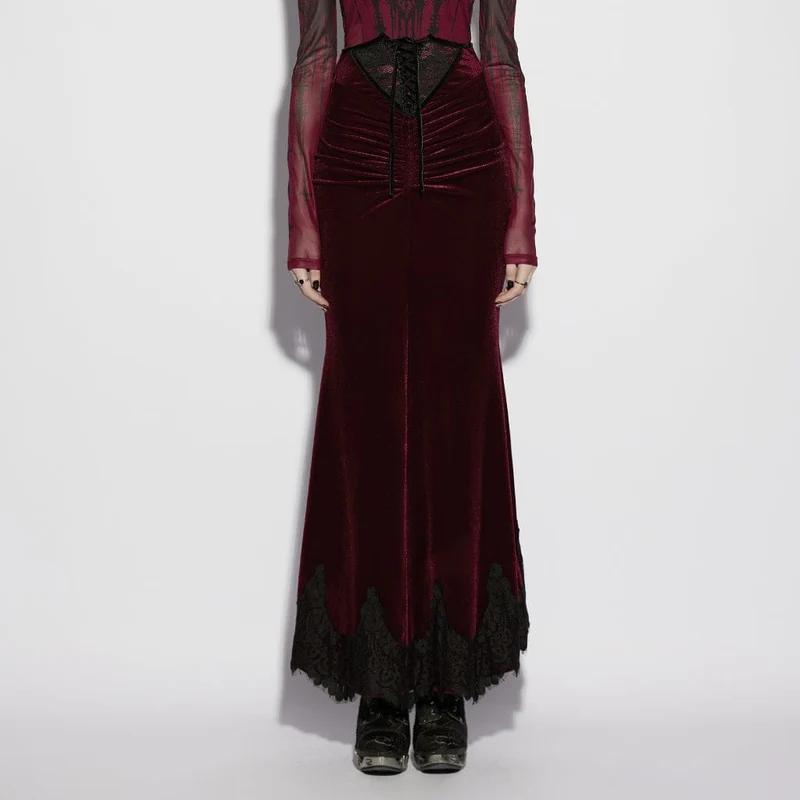 Roter, geraffter Meerjungfrauenrock aus Samt im Gothic-Stil für Damen