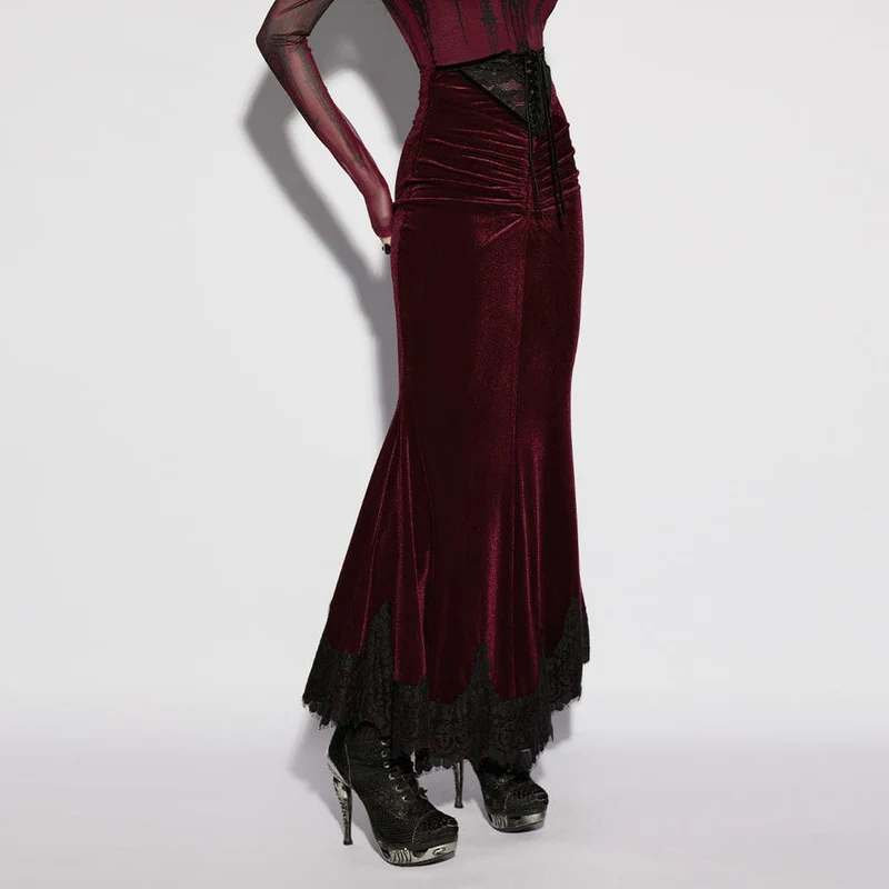 Roter, geraffter Meerjungfrauenrock aus Samt im Gothic-Stil für Damen