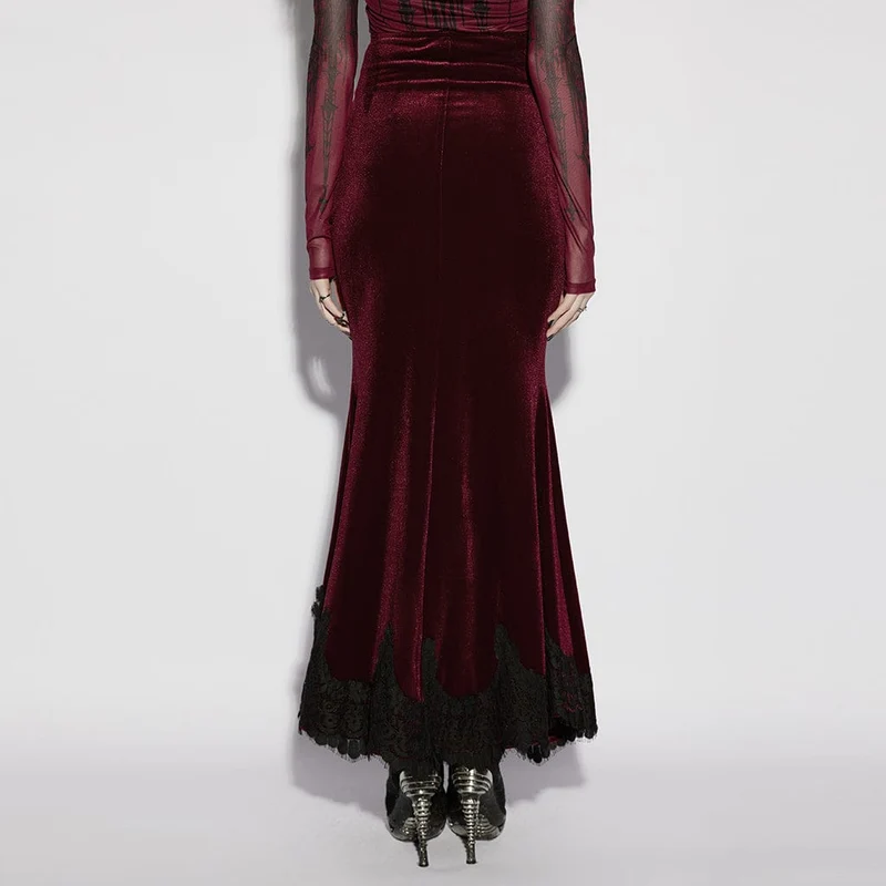 Roter, geraffter Meerjungfrauenrock aus Samt im Gothic-Stil für Damen