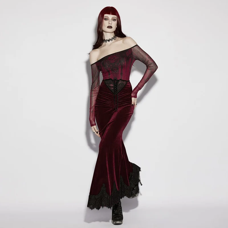 Roter, geraffter Meerjungfrauenrock aus Samt im Gothic-Stil für Damen