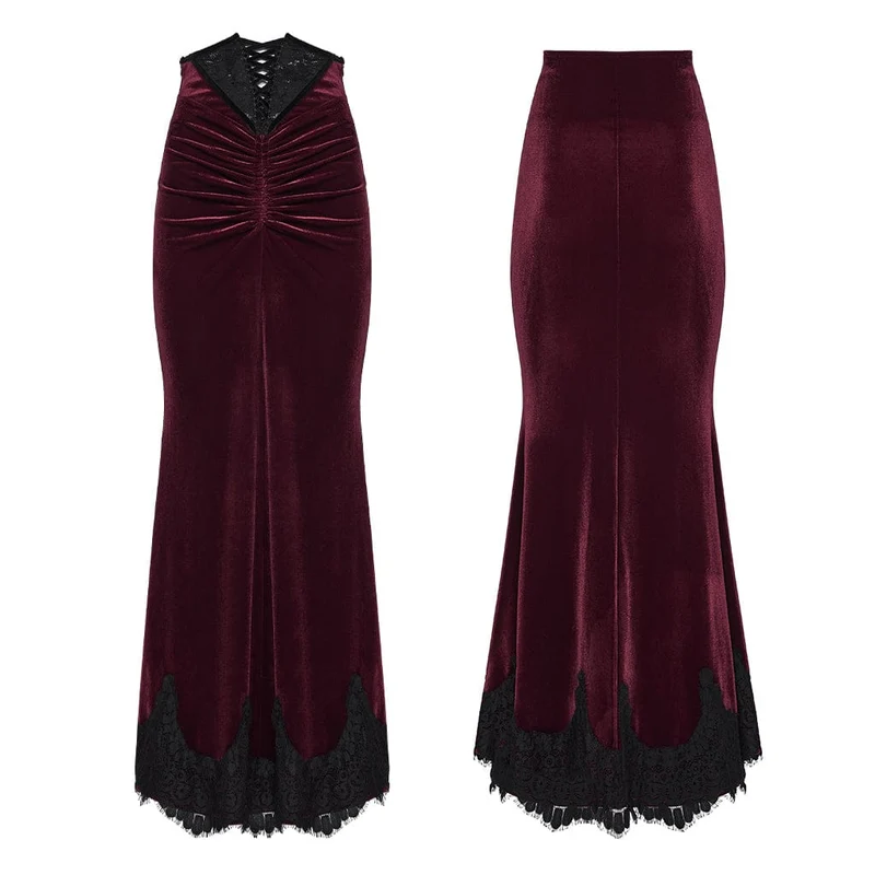 Roter, geraffter Meerjungfrauenrock aus Samt im Gothic-Stil für Damen