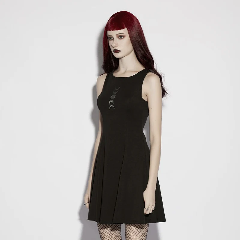 Ärmelloses Gothic-Kleid mit Mondphasenmuster für Damen, Abschlusskleid
