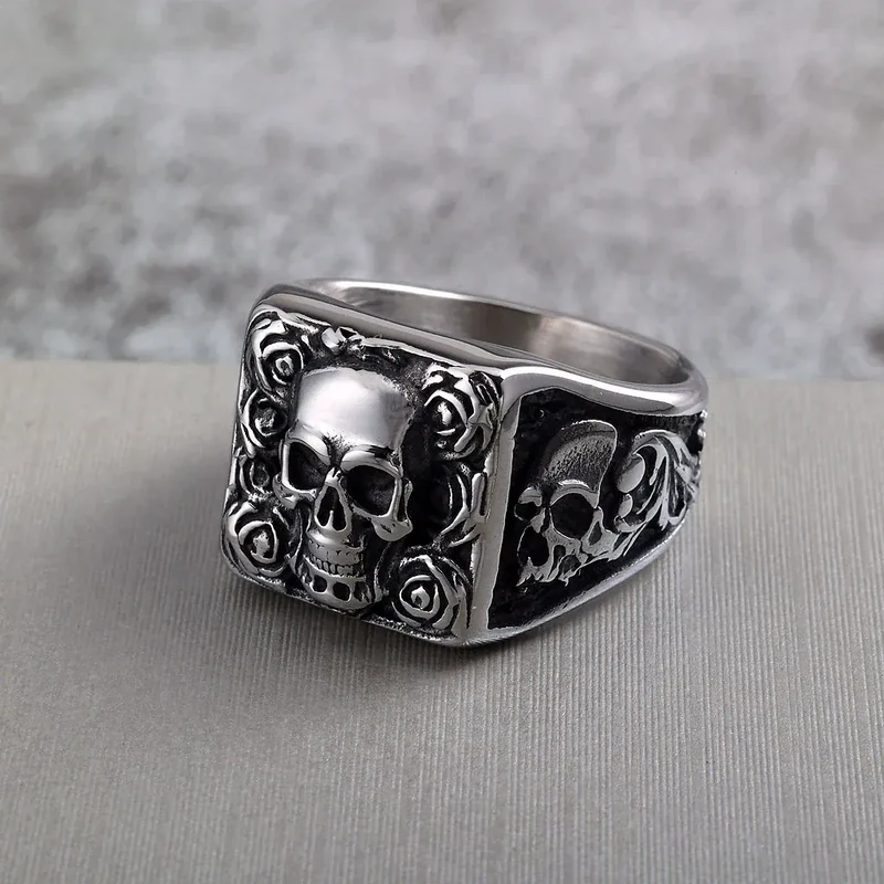 Punk-Totenkopf-Rosenring für Herren