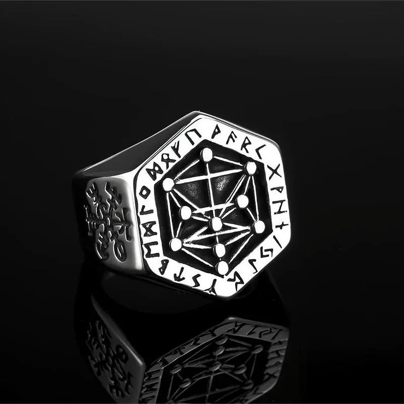 Punk-Ring für Herren mit nordischen Runen und geometrischem Sechseckmuster