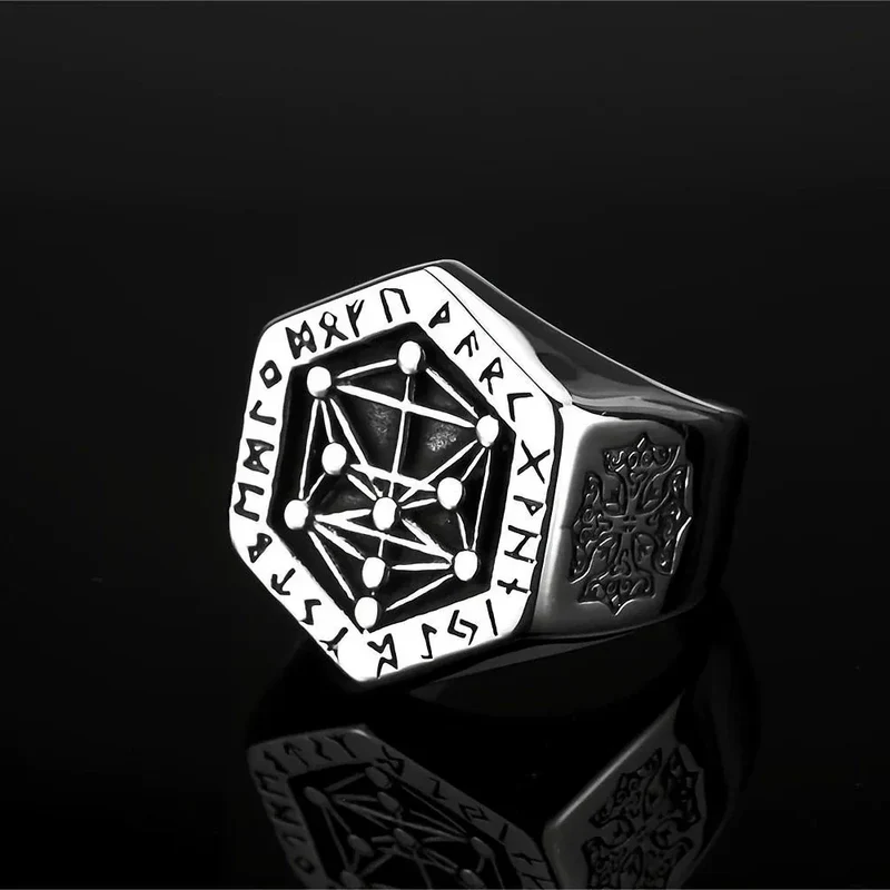 Punk-Ring für Herren mit nordischen Runen und geometrischem Sechseckmuster