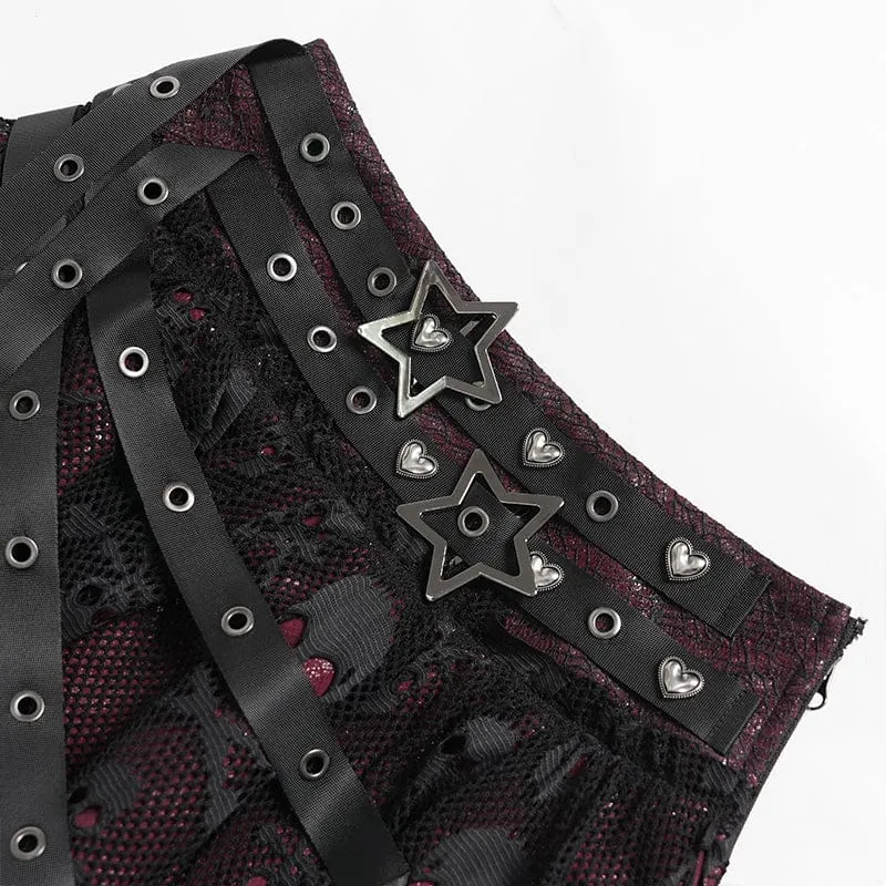 Punk-Rock für Damen mit unregelmäßigen Totenkopf-Ösen-Trägern, Netzstoff, Schwarz-Rot