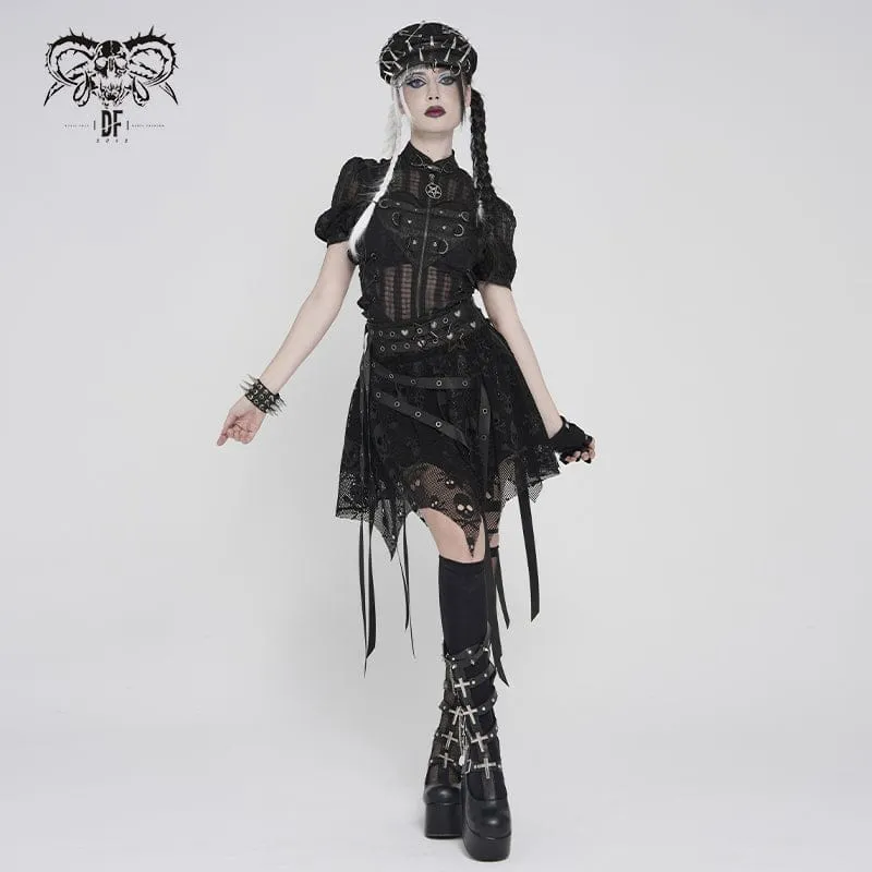 Punk-Rock für Damen mit unregelmäßigen Totenkopf-Ösen-Trägern, schwarz