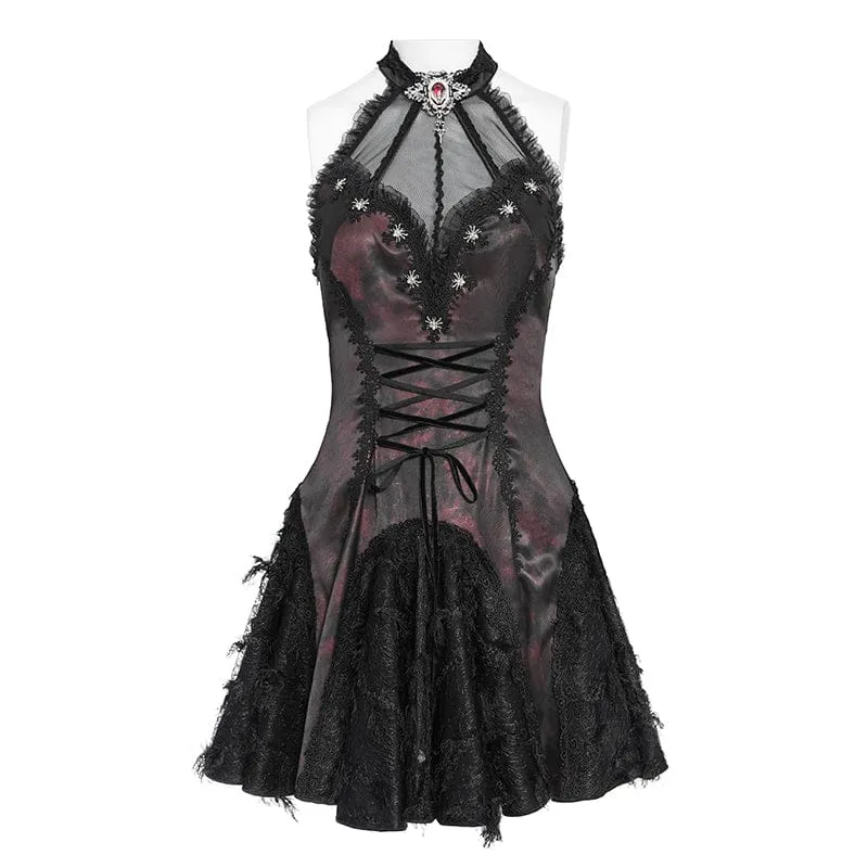 Gothic-Kleid für Damen mit Fledermaus- und Spinnenmotiv, Schnürung und Neckholder, Schwarz-Rot