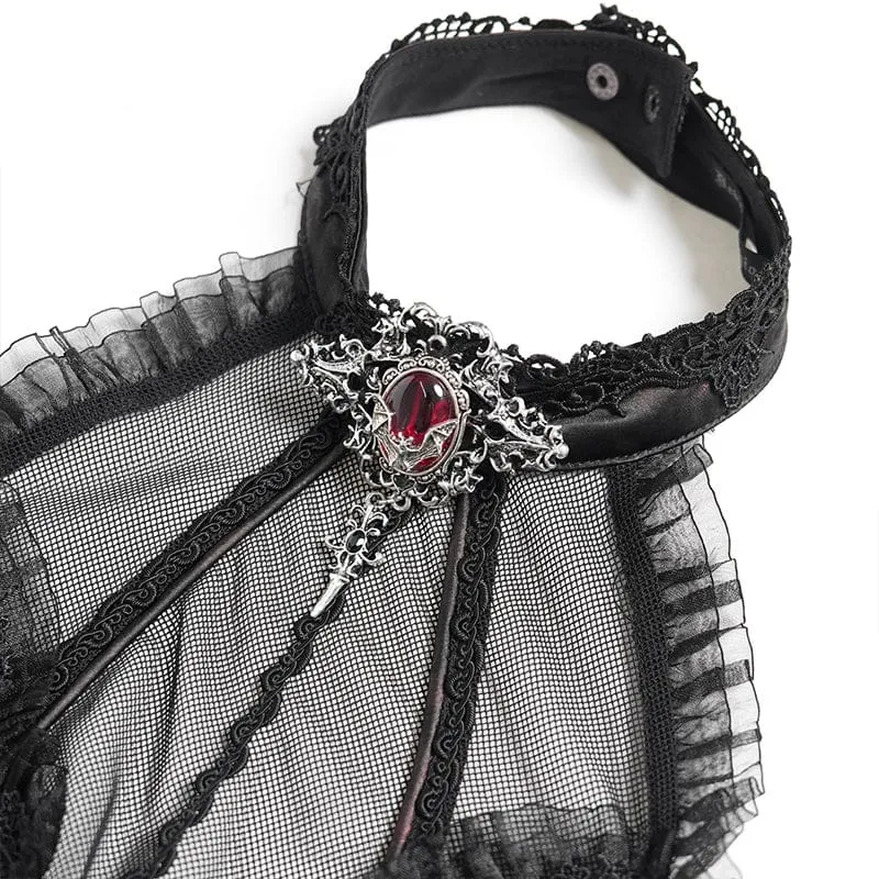 Gothic-Kleid für Damen mit Fledermaus- und Spinnenmotiv, Schnürung und Neckholder, Schwarz-Rot