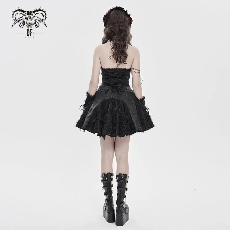 Schwarzes Gothic-Kleid für Damen mit Fledermaus- und Spinnenmuster, Schnürung und Neckholder