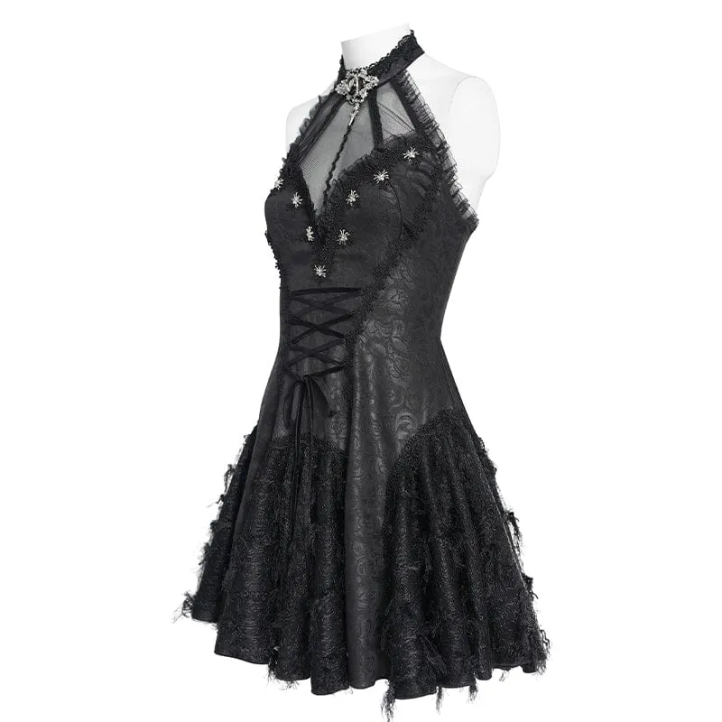 Schwarzes Gothic-Kleid für Damen mit Fledermaus- und Spinnenmuster, Schnürung und Neckholder