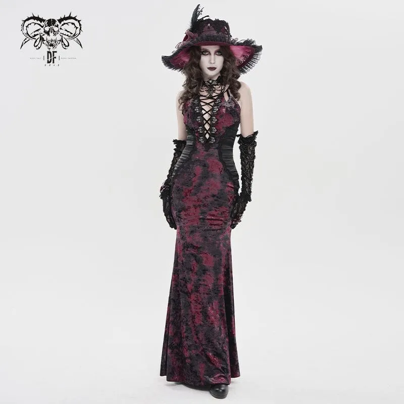 Gothic-Maxikleid mit tiefem Ausschnitt und Falten für Damen, Hochzeitskleid, Schwarz-Rot