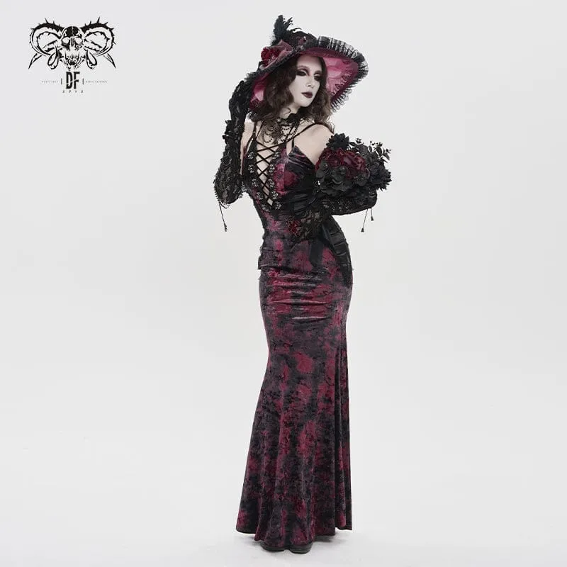 Gothic-Maxikleid mit tiefem Ausschnitt und Falten für Damen, Hochzeitskleid, Schwarz-Rot