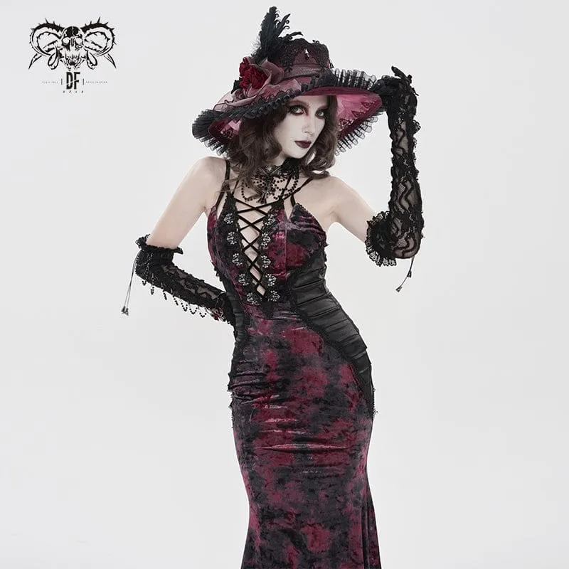 Gothic-Maxikleid mit tiefem Ausschnitt und Falten für Damen, Hochzeitskleid, Schwarz-Rot