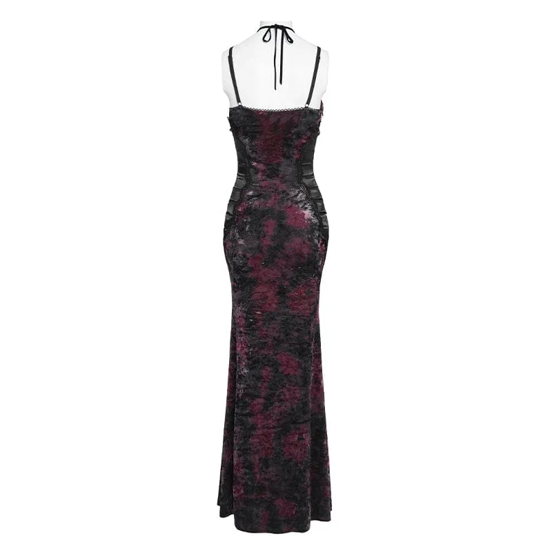 Gothic-Maxikleid mit tiefem Ausschnitt und Falten für Damen, Hochzeitskleid, Schwarz-Rot
