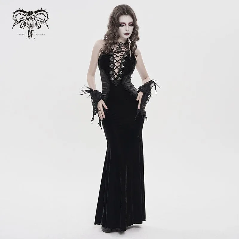 Schwarzes Gothic-Maxikleid mit tiefem Ausschnitt und Falten für Damen – ideal als Hochzeitskleid
