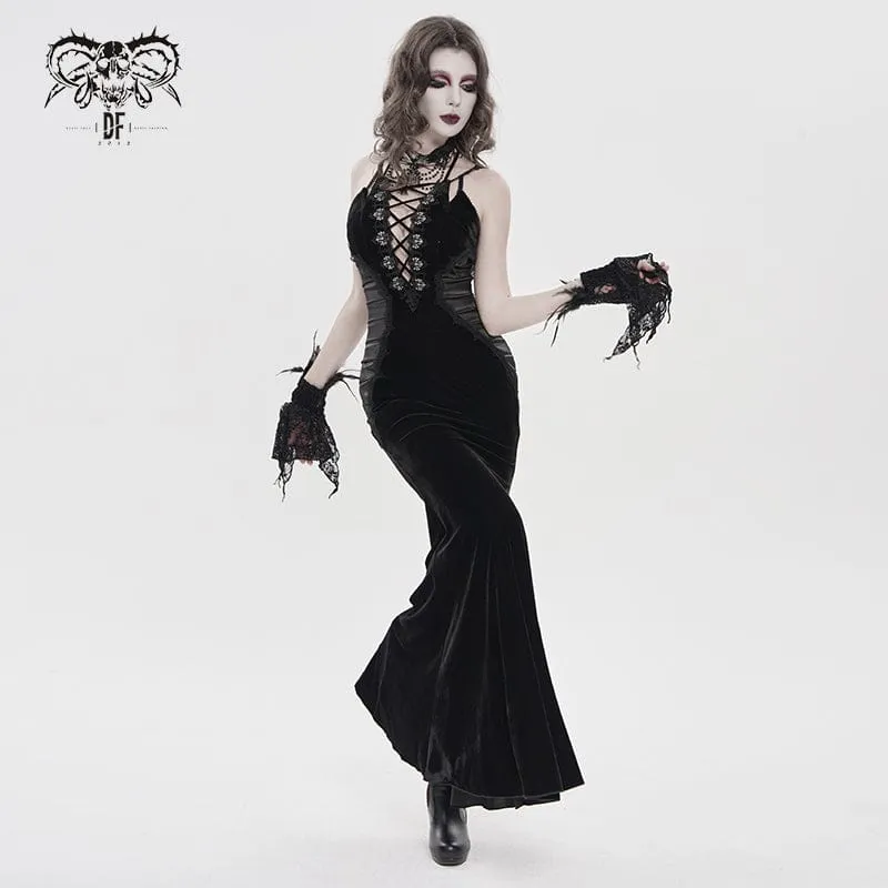 Schwarzes Gothic-Maxikleid mit tiefem Ausschnitt und Falten für Damen – ideal als Hochzeitskleid