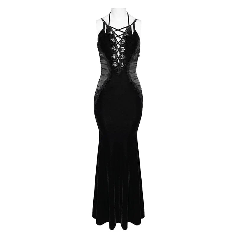 Schwarzes Gothic-Maxikleid mit tiefem Ausschnitt und Falten für Damen – ideal als Hochzeitskleid
