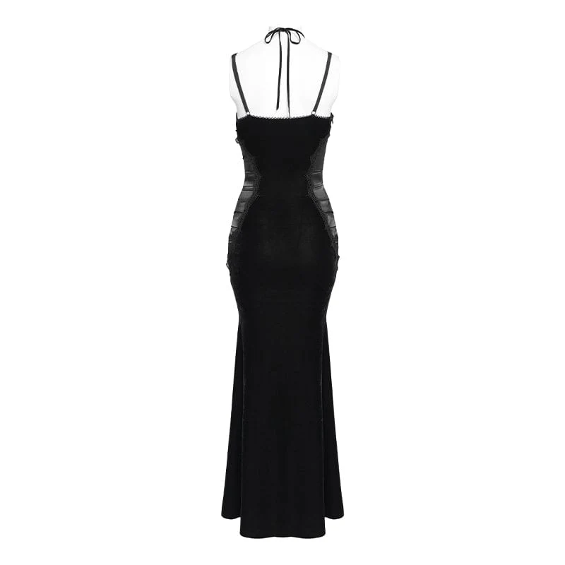 Schwarzes Gothic-Maxikleid mit tiefem Ausschnitt und Falten für Damen – ideal als Hochzeitskleid