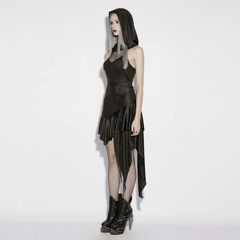 Punk-Kleid für Damen mit unregelmäßigem Schnitt, Kapuze und ärmellos
