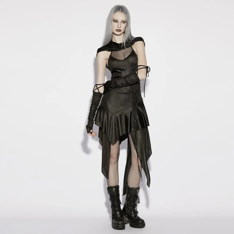 Punk-Kleid für Damen mit unregelmäßigem Schnitt, Kapuze und ärmellos