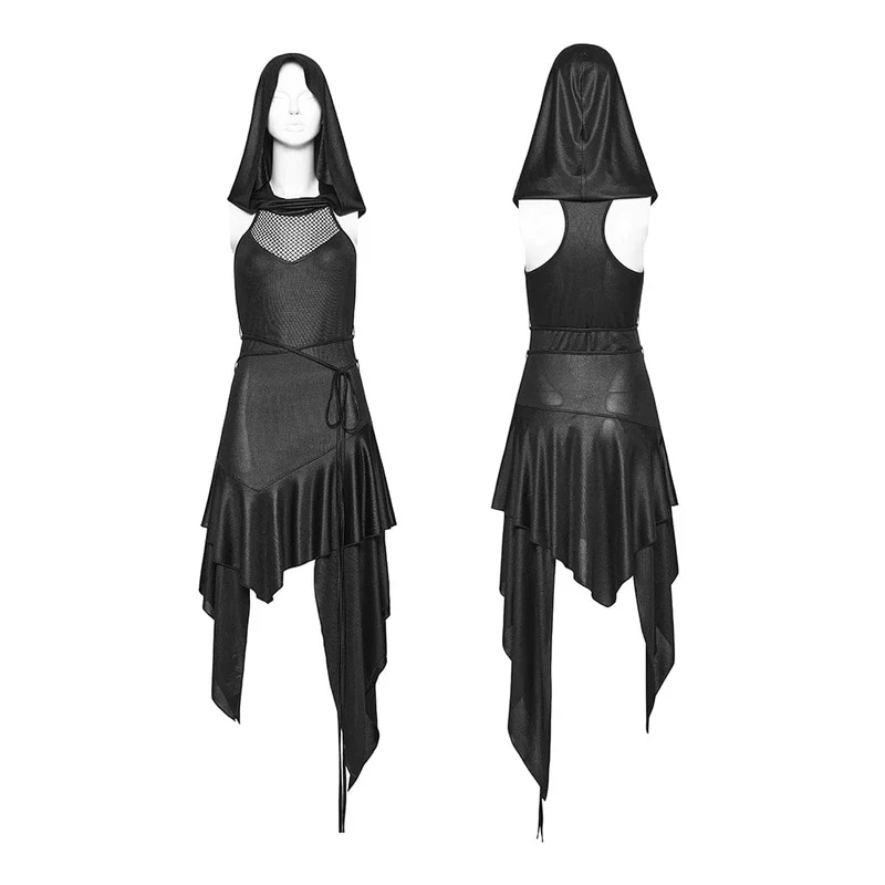 Punk-Kleid für Damen mit unregelmäßigem Schnitt, Kapuze und ärmellos