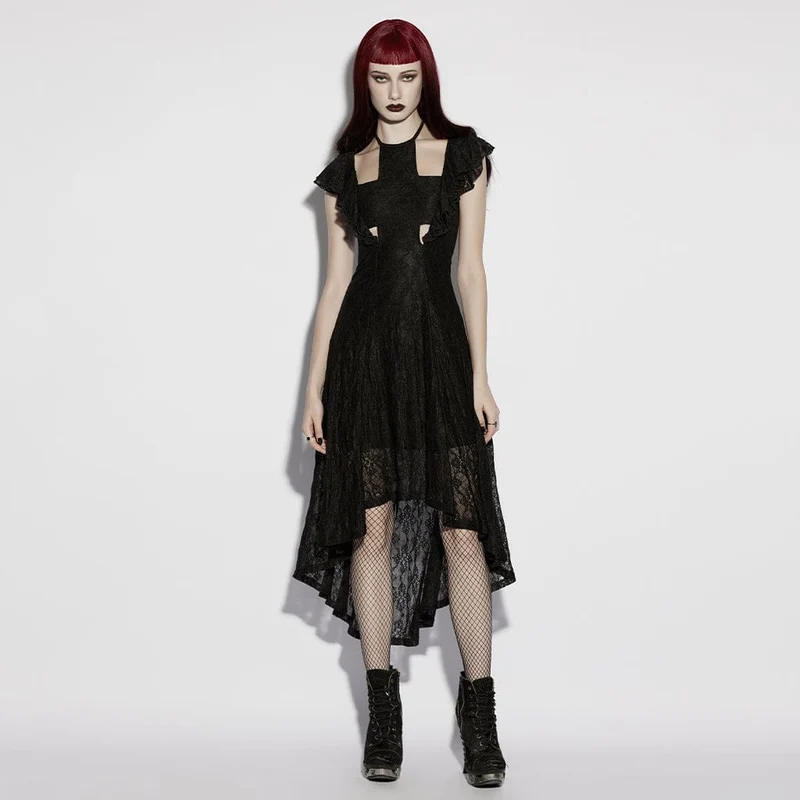 Gothic-Kleid für Damen mit Blumenmuster, Netzstoff und gekreuztem Neckholder