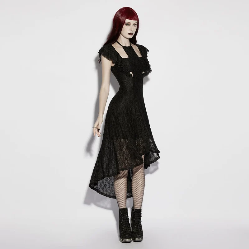 Gothic-Kleid für Damen mit Blumenmuster, Netzstoff und gekreuztem Neckholder