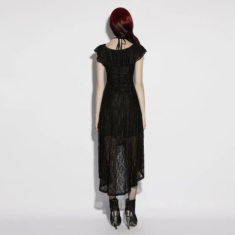 Gothic-Kleid für Damen mit Blumenmuster, Netzstoff und gekreuztem Neckholder