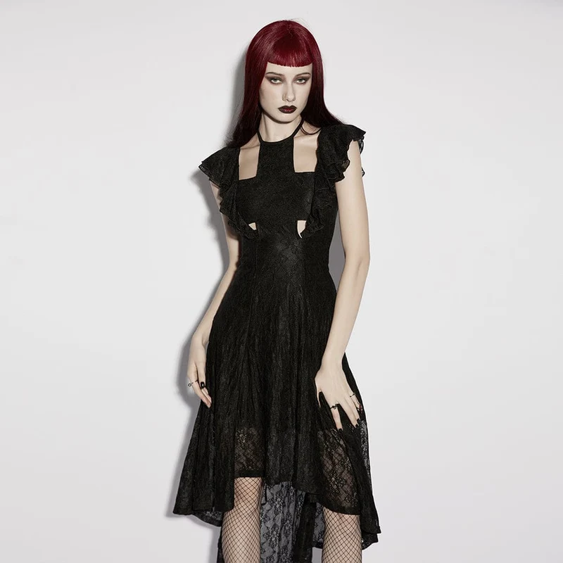 Gothic-Kleid für Damen mit Blumenmuster, Netzstoff und gekreuztem Neckholder