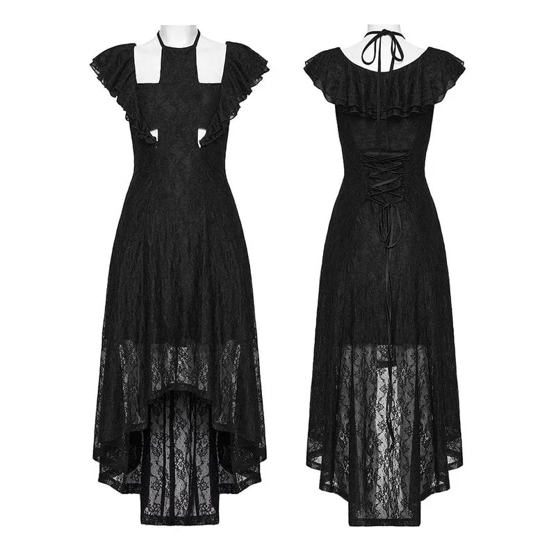 Gothic-Kleid für Damen mit Blumenmuster, Netzstoff und gekreuztem Neckholder