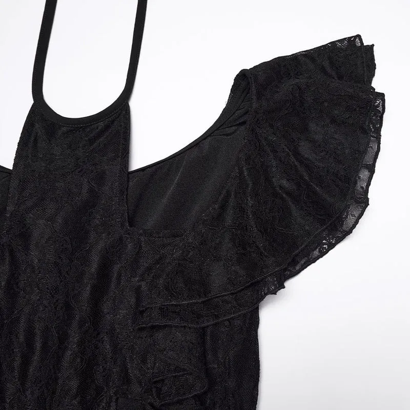 Gothic-Kleid für Damen mit Blumenmuster, Netzstoff und gekreuztem Neckholder