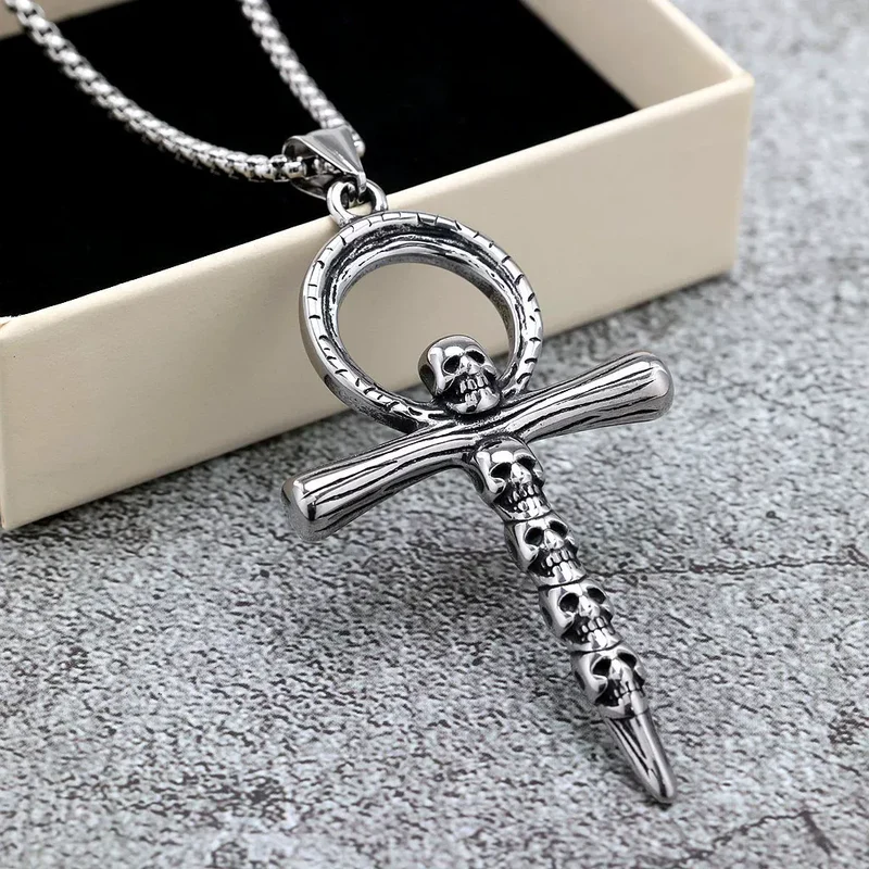 Punk-Halskette für Herren mit Ankh-Symbol und Totenkopf