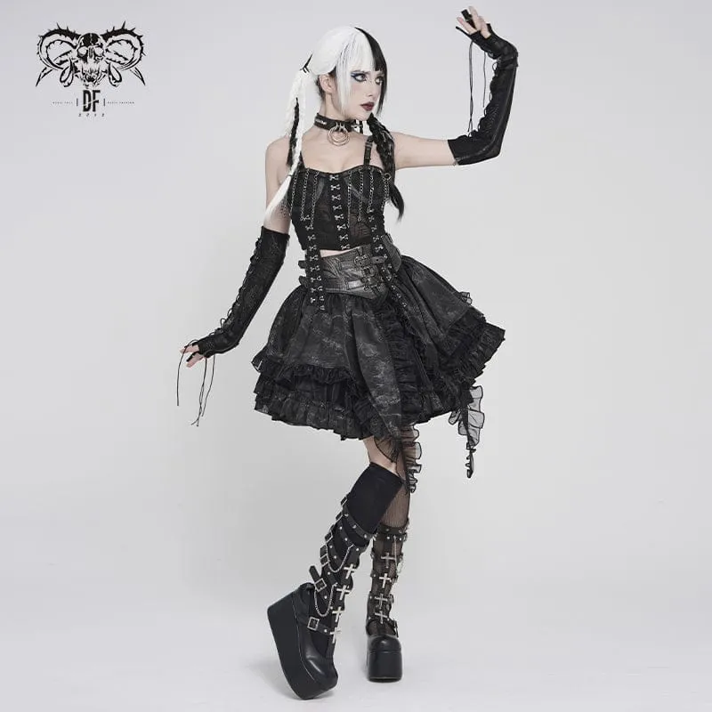 Gothic-Minirock für Damen mit Schnallenverschluss, Print und Rüschen