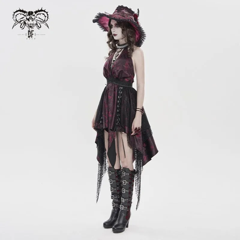 Gothic-Kleid für Damen mit unregelmäßigem, tiefem Ausschnitt, Quasten und Neckholder