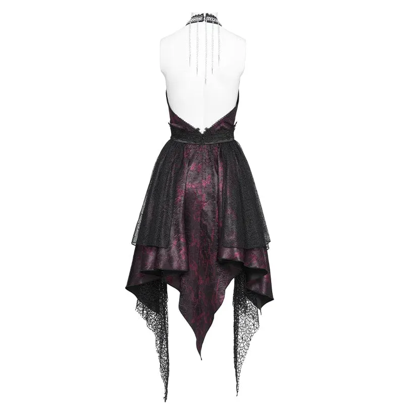 Gothic-Kleid für Damen mit unregelmäßigem, tiefem Ausschnitt, Quasten und Neckholder