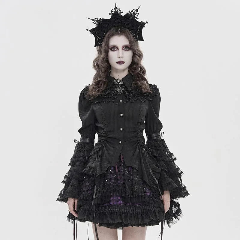 Schwarzes Damen-T-Shirt im Gothic-Stil mit Nadelstreifen, Kordelzug und ausgestellten Ärmeln