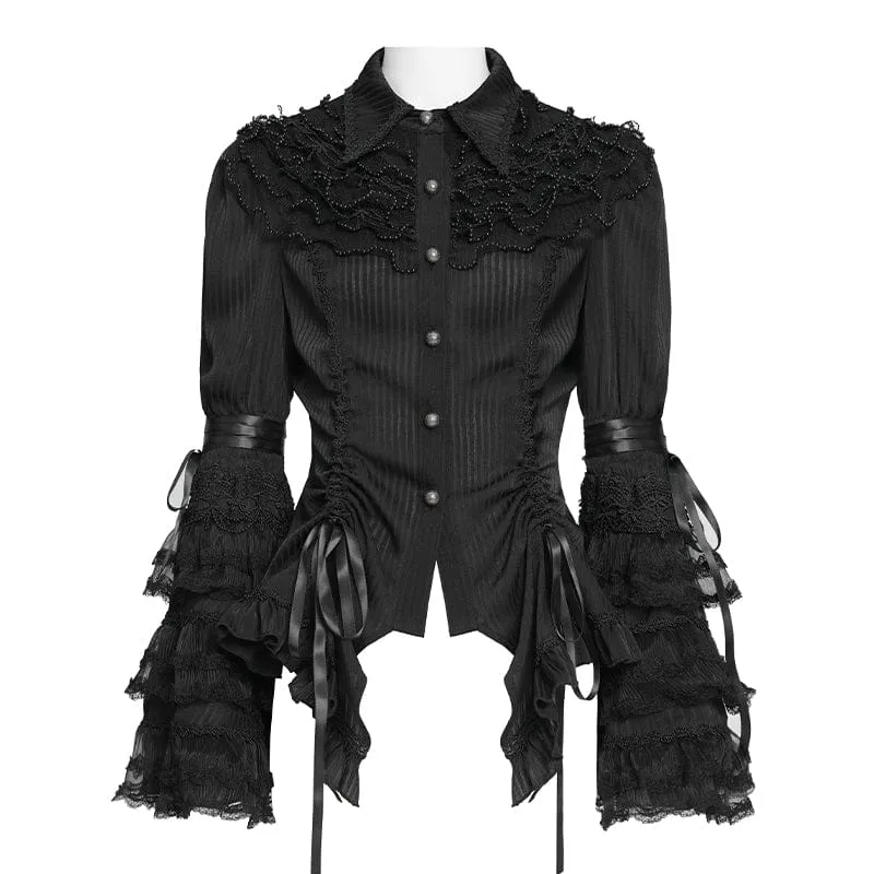 Schwarzes Damen-T-Shirt im Gothic-Stil mit Nadelstreifen, Kordelzug und ausgestellten Ärmeln