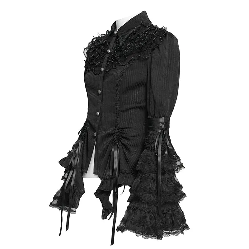 Schwarzes Damen-T-Shirt im Gothic-Stil mit Nadelstreifen, Kordelzug und ausgestellten Ärmeln
