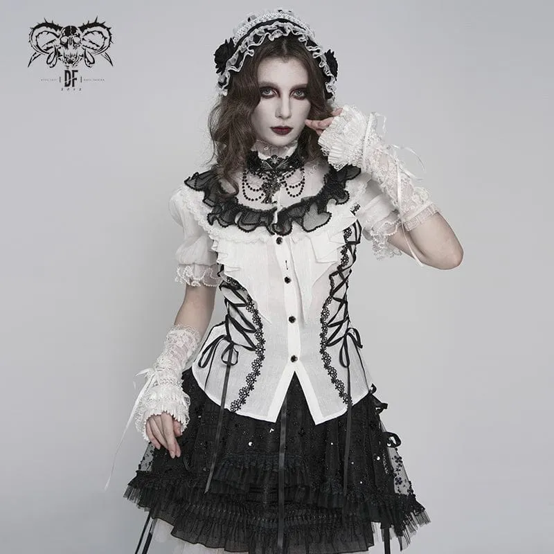 Gothic-Damenbluse mit Rüschen, Stehkragen, Puffärmeln und kurzen Ärmeln, Schwarz-Weiß
