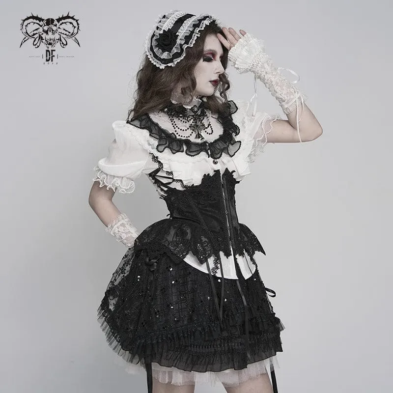 Gothic-Damenbluse mit Rüschen, Stehkragen, Puffärmeln und kurzen Ärmeln, Schwarz-Weiß