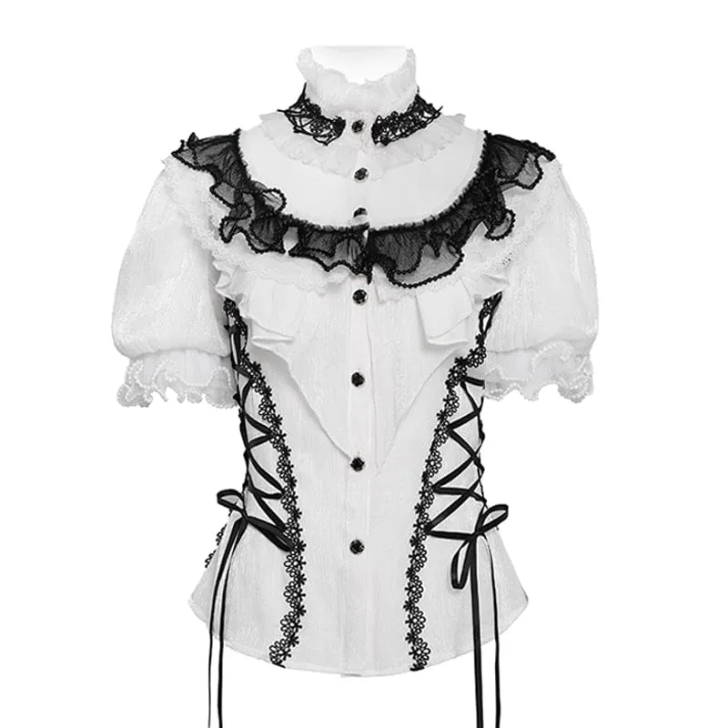 Gothic-Damenbluse mit Rüschen, Stehkragen, Puffärmeln und kurzen Ärmeln, Schwarz-Weiß