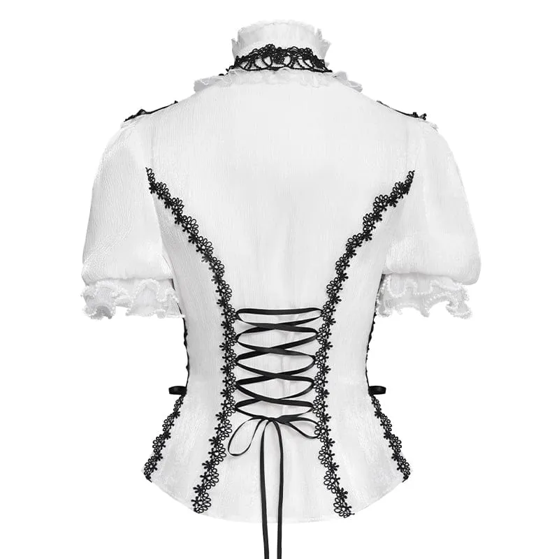 Gothic-Damenbluse mit Rüschen, Stehkragen, Puffärmeln und kurzen Ärmeln, Schwarz-Weiß