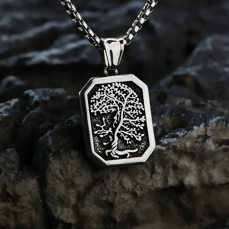 Punk-Halskette für Herren mit nordischem Yggdrasil-Motiv und achteckigem Anhänger