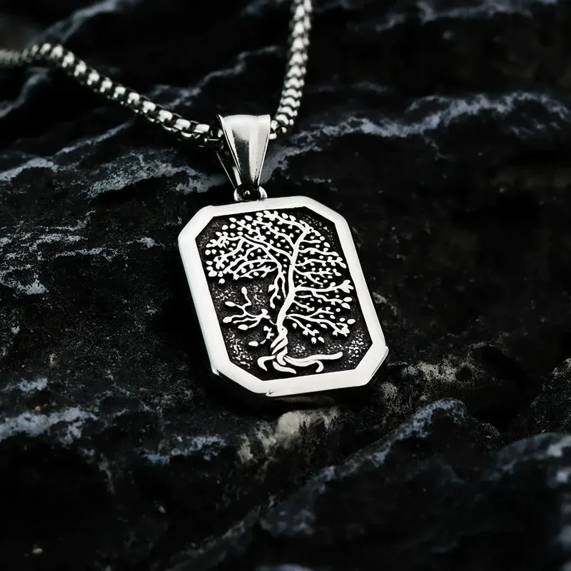 Punk-Halskette für Herren mit nordischem Yggdrasil-Motiv und achteckigem Anhänger