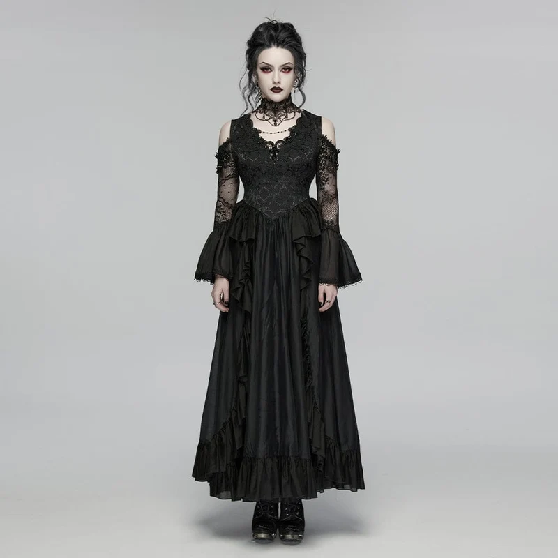 Gothic-Maxikleid für Damen mit Rüschen, Applikationen und Perlenbesatz, Hochzeitskleid